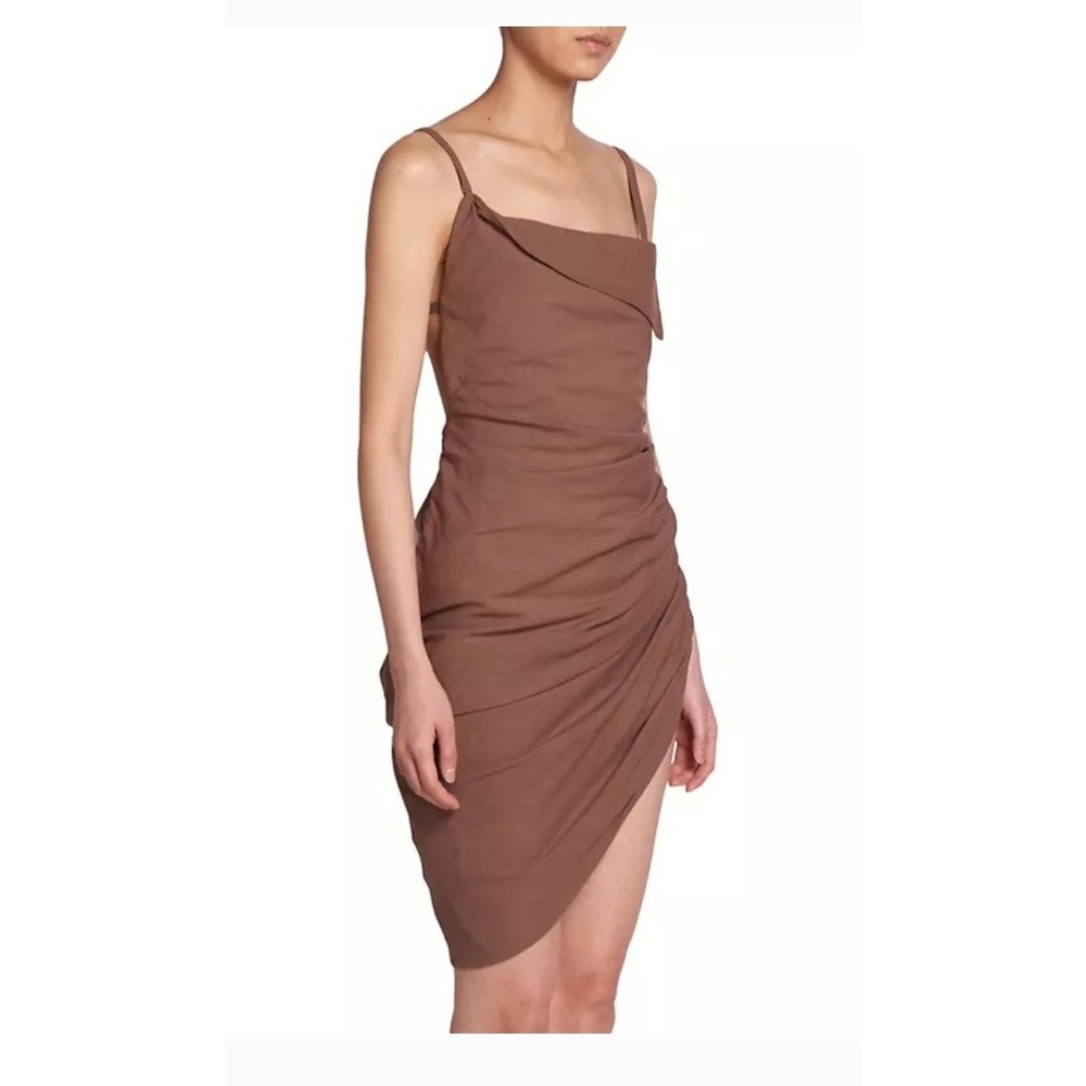 Jacquemus Brown Ruched‎ Asymmetrical Hem Spaghetti Strap Dress - Picture 3 of 16